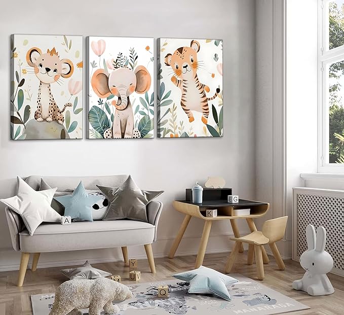 3 Pcs Safari Animals Nursery Canvas Wall Art Jungle Animals Cheetah Elephant Tiger Kids Room Illustration Pictures Wall Decor Posters Print Artwork for Classroom Boy's Girl's Room Bedroom-CasaMuseHome