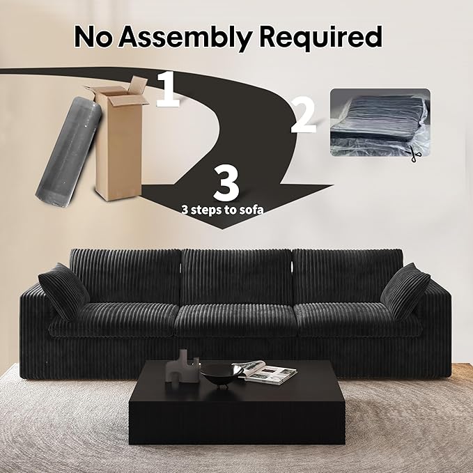 118" 3-Seater Cloud Sofa,Modular Sectional Couch,Modern Deep Seat Upholstered Couches with Plush Corduroy Fabric for Living Room Furniture,Bedroom and Apartment,No Assembly Required,Black-CasaMuseHome