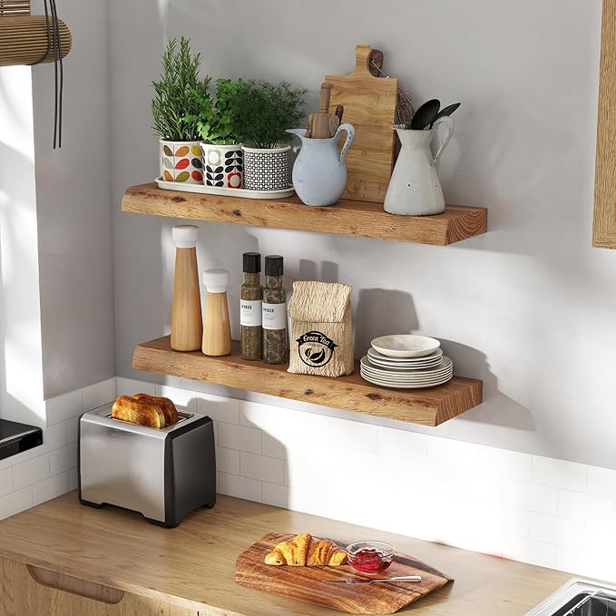 30" Floating Shelves, Live Edge Solid Elm Wood Floating Shelf, Wall Mounted Display Shelves with Heavy-Duty Bracket for Books, Rustic Wooden Shelf for Kitchen, Bathroom, Natural Color, Set of 2-CasaMuseHome