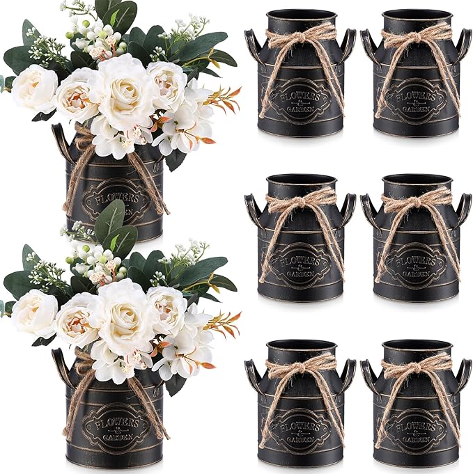 6 Inch Farmhouse Vase Decor Milk Can Vintage Flower Jug Galvanized Metal Vase with Handle Rustic Flower Buckets for Thanksgiving Christmas Table Centerpiece Weddings Gifts(Black,8 Pcs)-CasaMuseHome