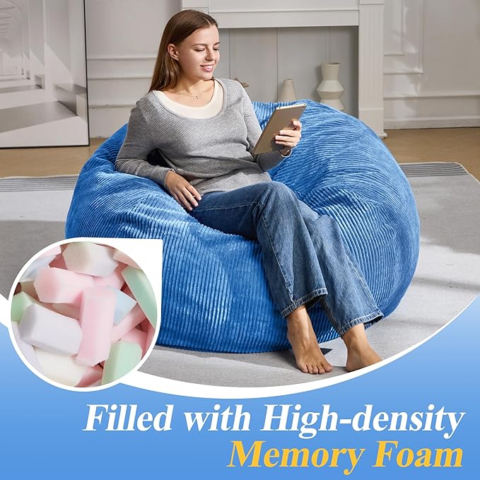 3.5FT Bean Bag Chairs Teardrop Bean Bag Chair for Adults Beanbag Chair with Memory Foam Filled Machine Washable Cover for Living Room, Bedroom (Large,Blue)-CasaMuseHome