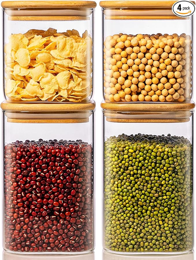 42oz & 27oz - 4 Pack Square Glass Jars with Bamboo Lids, Glass Food Storage Containers with Airtight Lids for Kitchen, Air Tight Pantry Storage Containers for Cereal, Pasta, Rice, Sugar, Coffee, Spice-CasaMuseHome