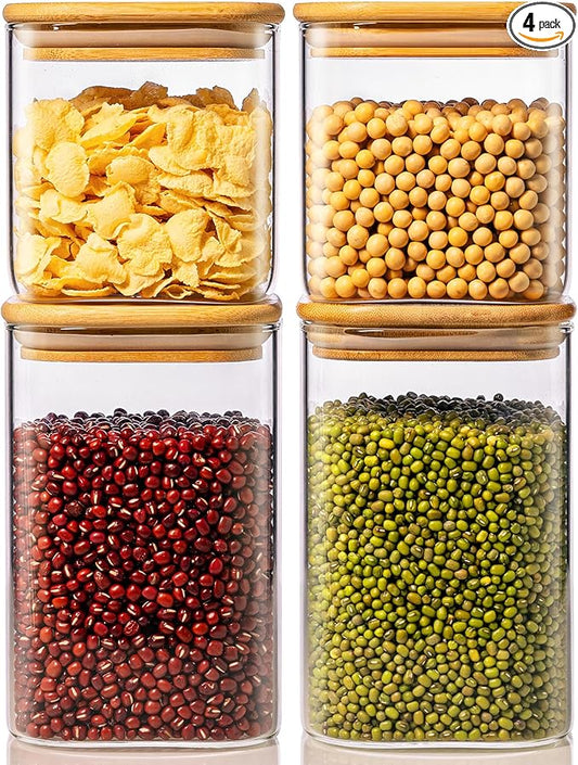 42oz & 27oz - 4 Pack Square Glass Jars with Bamboo Lids, Glass Food Storage Containers with Airtight Lids for Kitchen, Air Tight Pantry Storage Containers for Cereal, Pasta, Rice, Sugar, Coffee, Spice-CasaMuseHome