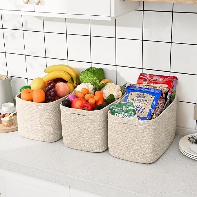 3-Pack Shelf Baskets for Organizing, Woven Storage Basket for Shelves, Cotton Rope Storage Bins for Toys Books, Nursery Towel Baskets for Classroom, 14.96"X9.8"X8.85", Brown-CasaMuseHome