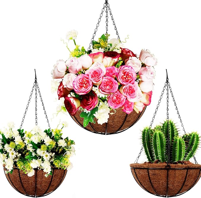 4 Pack 10 inch Metal Hanging Planters Basket with Coco Coir Liner Outdoor-Hanging Baskets for Plants Outdoor,Metal Wire Baskets with Window Box Planters, Hanging Flower Pots for Railings-CasaMuseHome