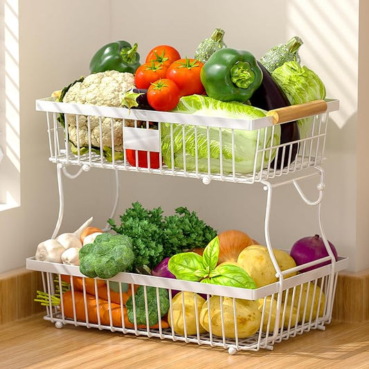 2 Tier Fruit Basket for Kitchen Counter with 2 Banana Hangers, Countertop Metal Fruit Bowl with Wooden Handle, Large Storage Stand for Vegetables, Snacks, Breads, Produce Storage – White-CasaMuseHome