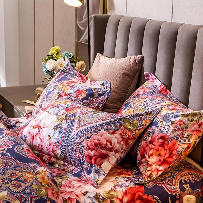 ABREEZE Colorful Floral Duvet Cover Queen 100% Cotton Flower Duvet Cover 3 Piece Set 1 Multi-Colored Damask Paisley Duvet Cover with Zipper Ties 2 Pillowcases Luxury Soft Peony Print Bedding Set-CasaMuseHome