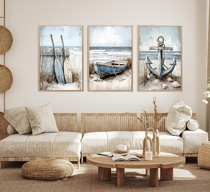 3Pcs Nautical Beach Wall Art Sailboat Paddle and Anchor Paintings Pictures Wall Decor Nautical Coastal Posters Prints Artwork for Living Room Bedroom Home Office Corridor Home Decroation Unframed-CasaMuseHome