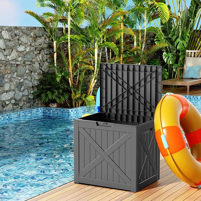 32 Gallon Resin Deck Box, Lockable Outdoor Storage Box for Patio Cushions Storage Furniture,Garden Tools, Pool Supplies, Weatherproof and UV Resistant（Black X）-CasaMuseHome
