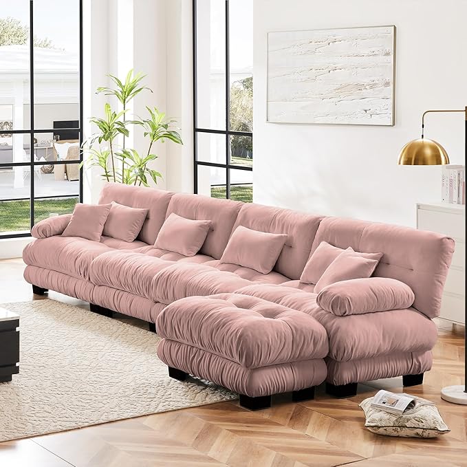 L Shaped Couch Sectional Couch, 4-Seater Cloud Couch Sectional Oversized Couch, Sofa Bed Couch with Round Bolster Armrests 6 Pillows, Modular Couch Home Sofa Living Room Couch(Pink)-CasaMuseHome
