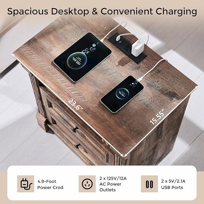 26" Tall Farmhouse Nightstand Set of 2, 2 Drawers End Table w/Charging Station, 23.6" Wide Large Side Table w/Roman Column, Wood Rustic Sofa Table w/Open Shelf, Bedside Table for Bedroom, Light Brown-CasaMuseHome