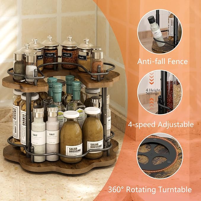 2 Tier Lazy Susan Organizer,2-Tier Spinning Spice Rack with Stable Carousel Base & 4 Height Settings for Cupboard Kitchen Countertop Dining Table Cupboard (Petal Shape)-CasaMuseHome