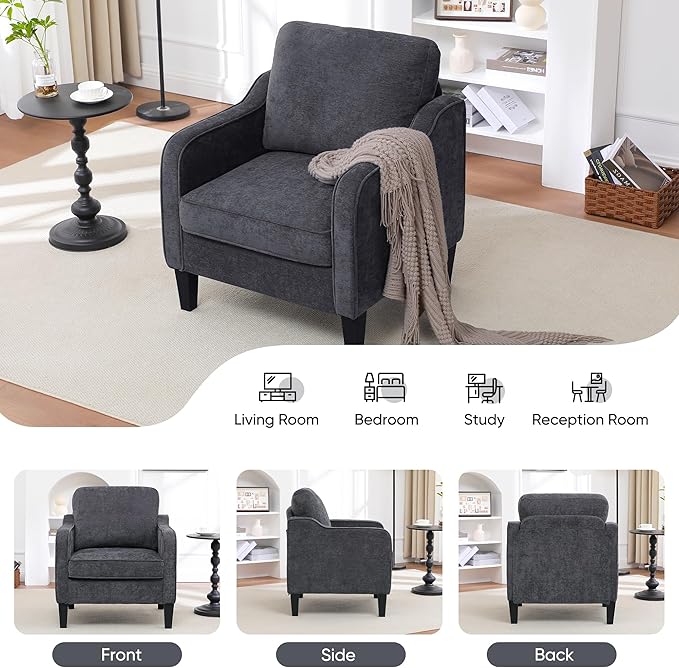 Accent Chair for Living Room, Mid Century Modern Reading Chair for Bedroom, Upholstered Armchair with Side Pockets, Comfy Single Sofa Side Chair for Office, Apartment, Small Room, Dark Grey-CasaMuseHome