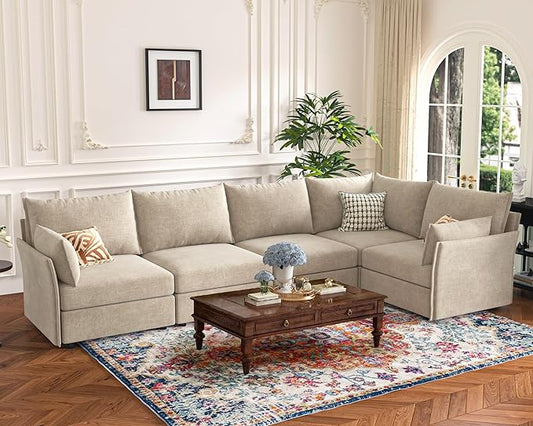 135.5" Oversized Modular Sectional Sofa, L Shaped Convertible Couch with Movable Ottoman, 5 Seat Corner Couches for Living Room Deep Seat Beige Chenille-CasaMuseHome