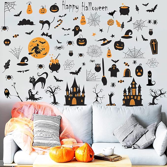 84 PCS Window Clings - Halloween Wall Stickers for Living Room, Pumpkins, Castles, Bats, Cats, Vampire, Witch Stickers, Household Decorative Murals, Party Supplies-CasaMuseHome