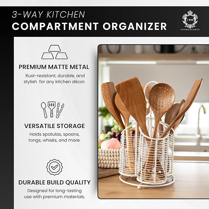 360° Rotating Kitchen Utensil Holder- 3 Compartment Organizer with Cork Bottom | Includes Premium 9-Piece Acacia Wood Utensil Set | Professional Luxury Design | Metal Utensil Crock (Matte white)-CasaMuseHome