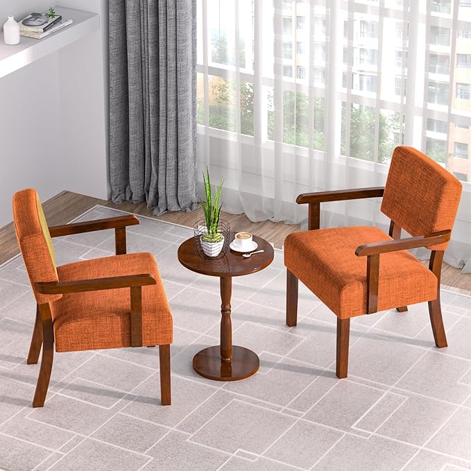 Accent Chair Set of 2 with Table, Living Room Chairs with Soft Seat and Armrests for Living Room Bedroom Reading Room Waiting Room (Orange), Linen, AC01-CasaMuseHome