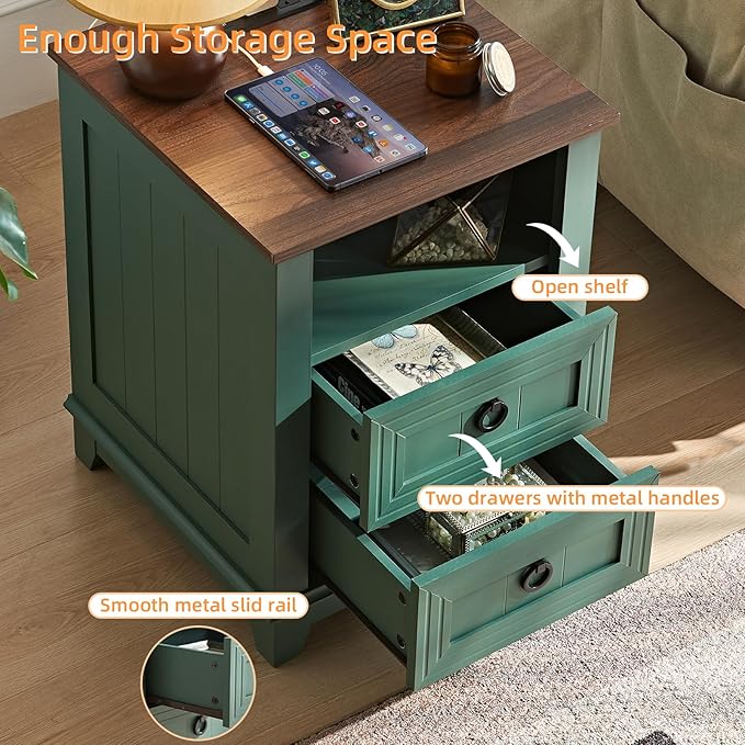 18" Farmhouse Night Stand with Charging Station, 2 Drawers Bedside End Table, Green Wooden Nightstand, Bed Side Table Cabinet with Open Shelf for Bedroom Living Room Office-CasaMuseHome