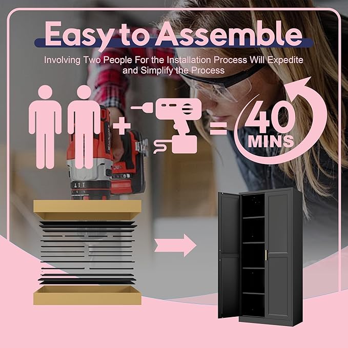 71" Storage Cabinet, Metal Pantry Cabinet, Kitchen Pantry Storage Cabinets with Doors and 4 Shelves for Laundry Room, Living Room, Dinning Room, Assembly Required, Black-CasaMuseHome