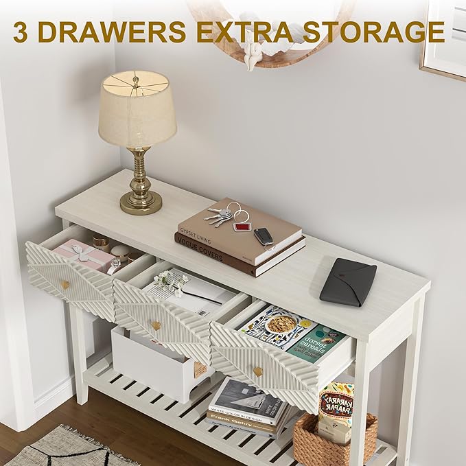 47" Fluted Console Table with 3 Drawers, Narrow Long Entryway Table with Storage Shelf, Sofa Tables for Entryway, Living Room, Behind Couch, Foyer, Hallway, Office (Beige)-CasaMuseHome