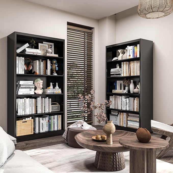 66" Tall Metal Bookcase, 5 Shelf Black Bookcase with Adjustable Shelves, Large Bookshelves and Bookcases, Modern Book Shelf Storage Organizer for Living Room, Home Office, Library (Black)-CasaMuseHome
