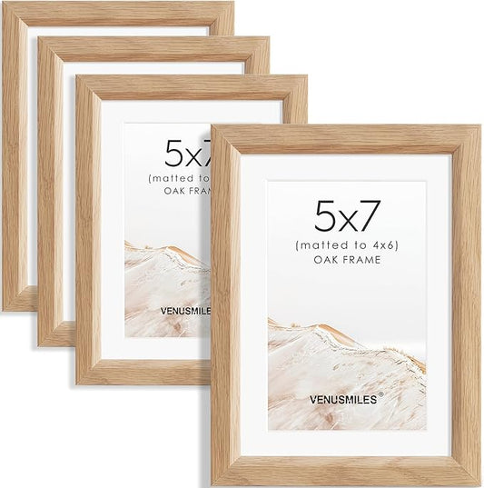 5x7 Picture Frame Set of 4 Natural Solid Oak Photo Frames with 4x6 Removable Mat Wall Hanging Large Handcrafted Frame with HD Plexiglass Wall and Tabletop Display Large Poster Frame-CasaMuseHome