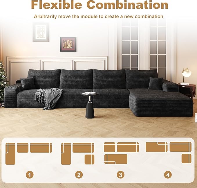 136" Sectional Couches for Living Room Modern Modular Sofa with L-Shape Couchs Upholstered Boneless Couch Deep Seat Sectional Couch with Chaise (Black, Right Facing Chaise+3Seaters)-CasaMuseHome