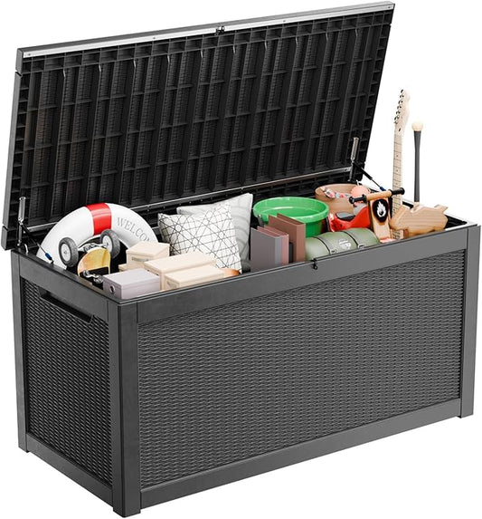 260 Gallon Large Resin Deck Box, Lockable Outdoor Storage Box for Patio Cushions Storage Furniture,Garden Tools, Pool Supplies, Weatherproof and UV Resistant-Black Rattan (260 Gallon)-CasaMuseHome