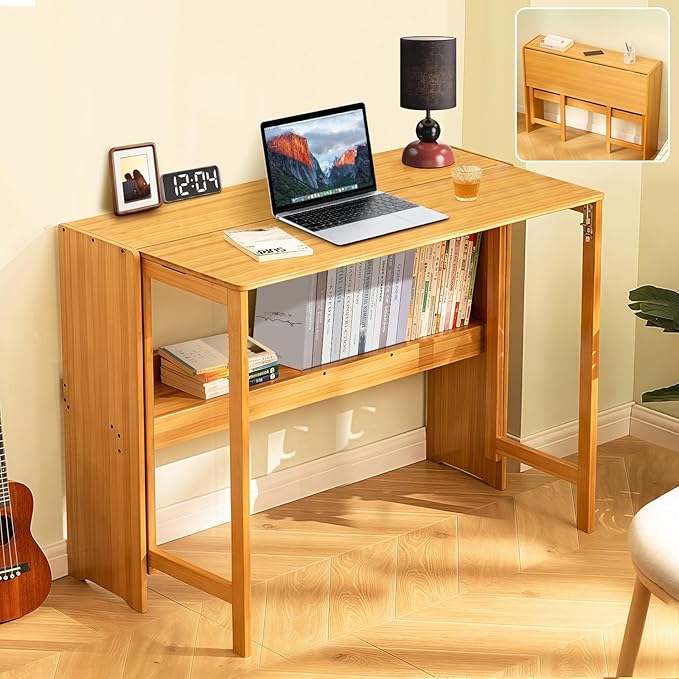 39.37" Bamboo Folding Desk,Space-Saving Computer Desk for Small Spaces, Foldable Study Table for Bedroom, Home Office, Dorm, Apartment (Natural)-CasaMuseHome
