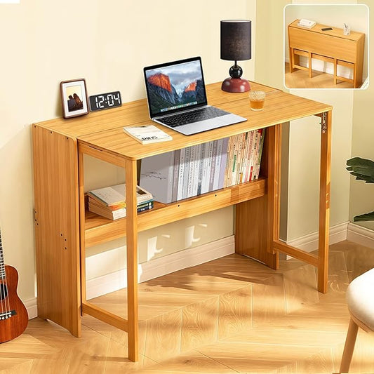39.37" Bamboo Folding Desk,Space-Saving Computer Desk for Small Spaces, Foldable Study Table for Bedroom, Home Office, Dorm, Apartment (Natural)-CasaMuseHome