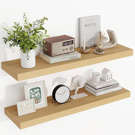 36 Inch Floating Shelves, 3D Textured Wood Grain, 36"x9.25"x1.5" Inch Deep Floating Shelves for Wall, Wooden Shelves for Bathroom, Bedroom, Living Room, Natural-CasaMuseHome