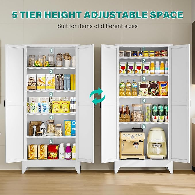 75" Tall Pantry Cabinet,Farmhouse Kitchen Pantry Storage Cabinets with 2 Doors and 5 Shelves,White Metal Storage Cabinet,Large Cupboard for Home,Kitchen,Dining/Living Room-CasaMuseHome