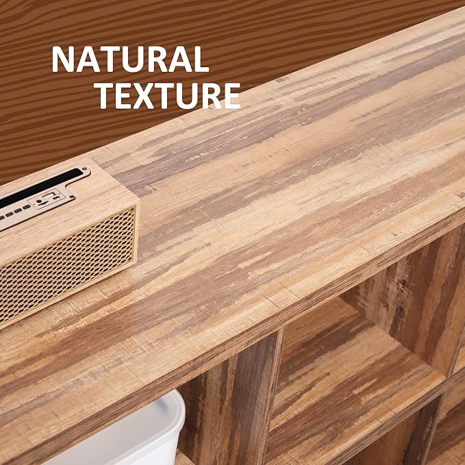 8 Cube Storage Organizer Bookshelf, Industrial Horizontal Bookcase, Accent Cubby Shelf, Media Console Table for Living Room, Home Office, 63 Inches, Light Oak-CasaMuseHome