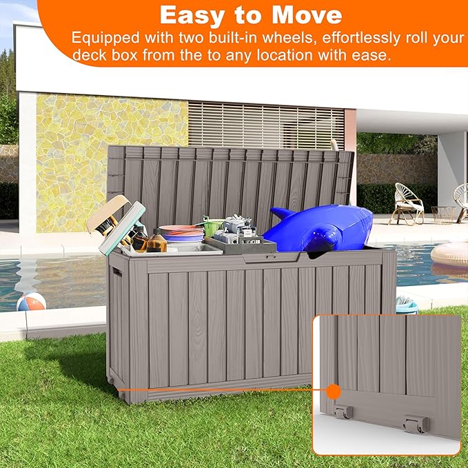 75 Gallon Resin Deck Box, Lockable Patio Outdoor Storage Box for Furniture, Garden Tools and Tools Storage, Waterproof Outside Storage Boxes - Grey-CasaMuseHome