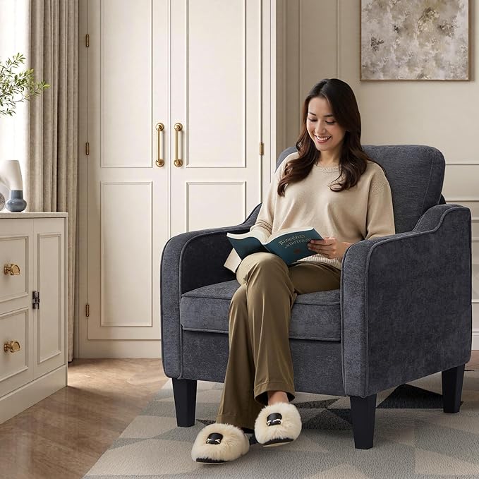 Accent Chair for Living Room, Mid Century Modern Reading Chair for Bedroom, Upholstered Armchair with Side Pockets, Comfy Single Sofa Side Chair for Office, Apartment, Small Room, Dark Grey-CasaMuseHome