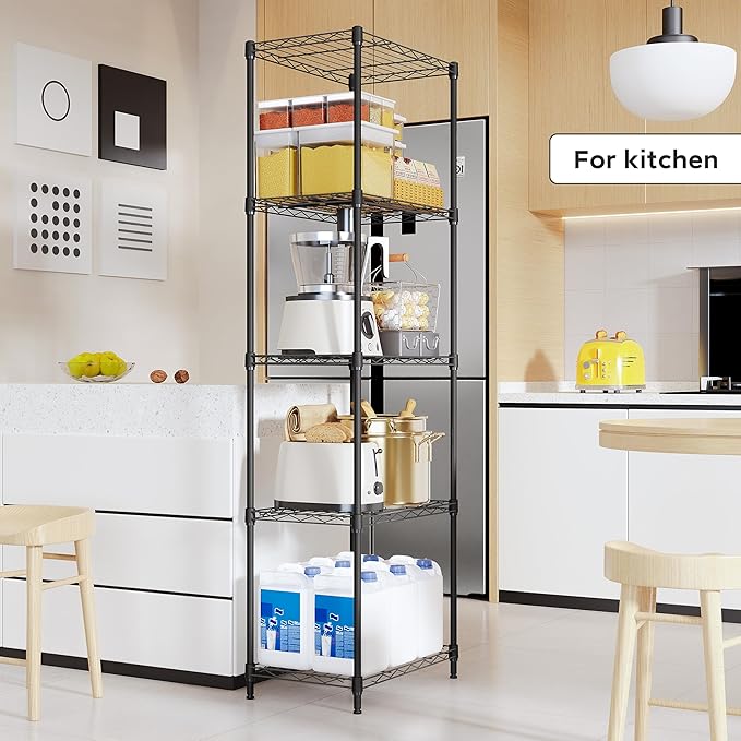5 Tiers Shelf Metal Storage Shelves Wire Rack Closet Organizers with Wheel for Garage Kitchen Bathroom Laundry Black 11.8" D x 17.7" W x 55" H-CasaMuseHome