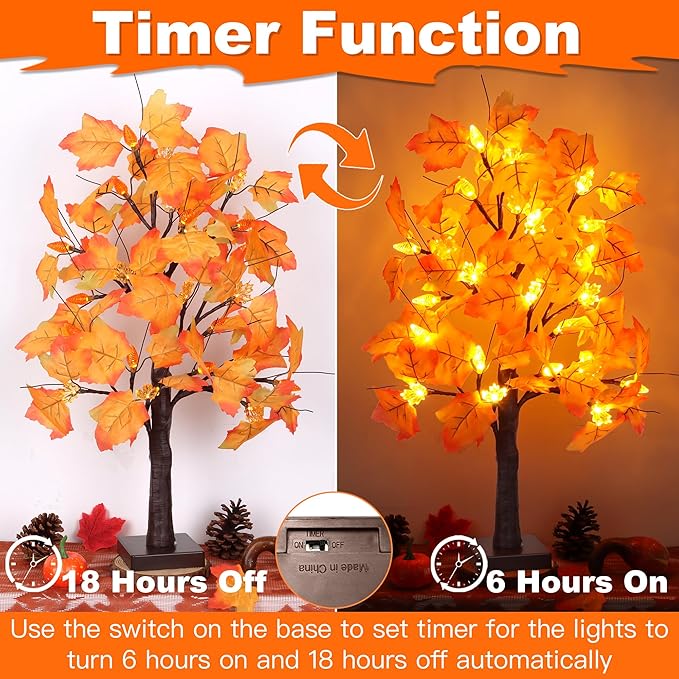 2 Pack 24 Inch Prelit Fall Maple Tree Fall Decor with 48 LEDs Timer Battery Operated Artificial Fall Light Up Tree Maple Acorn for Fall Thanksgiving Decorations Table Home Office Indoor Autumn Harvest-CasaMuseHome