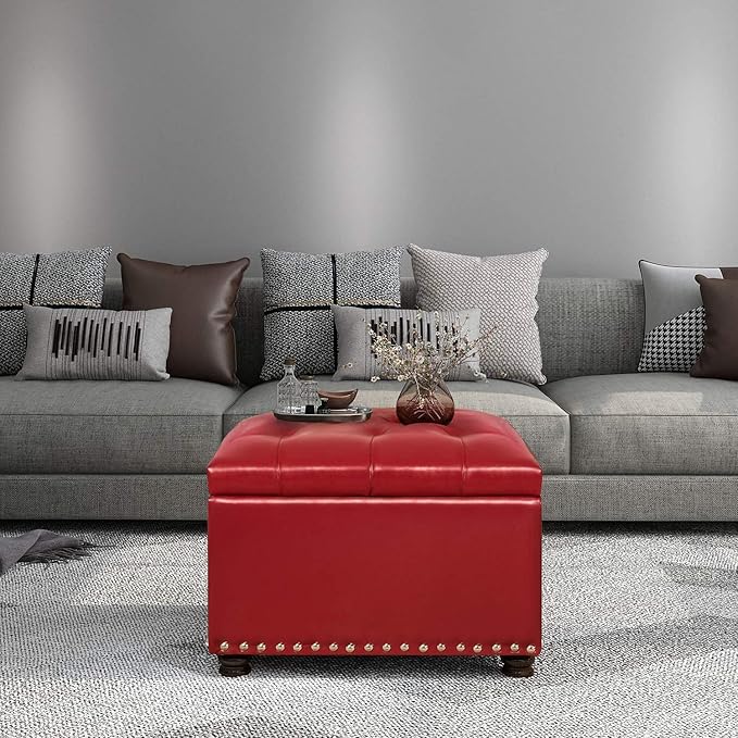 24'' Leather Storage Ottoman Rectangular Foot Rest Stool with Nailhead Trim for Bedroom Living Room(Red)-CasaMuseHome
