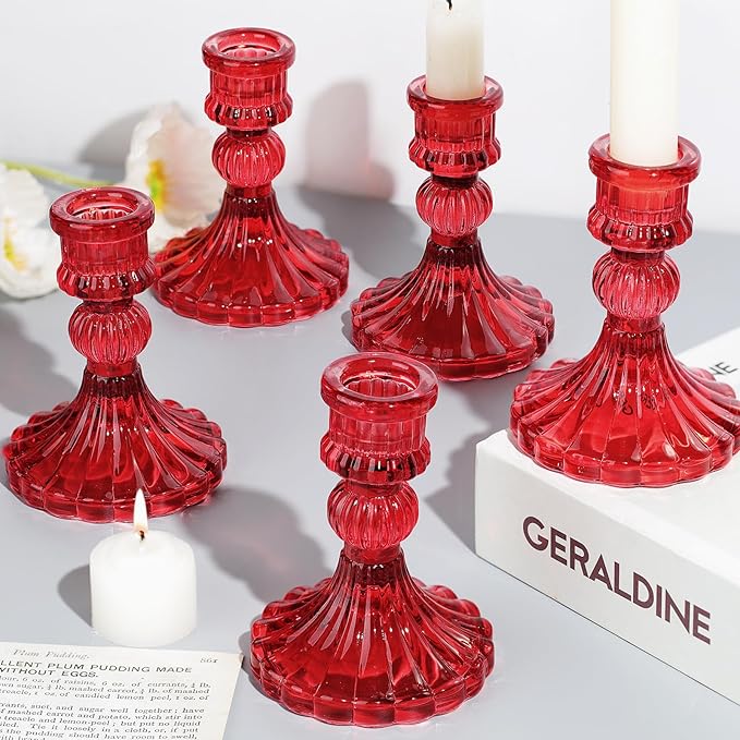 12PCS Red Candlestick Holders Set- 4" H Taper Candle Holders, Glass Candle Holders Bulk for Activities, Party, Home Table Centerpieces, Festival Gifts & Windowsill Decor-CasaMuseHome