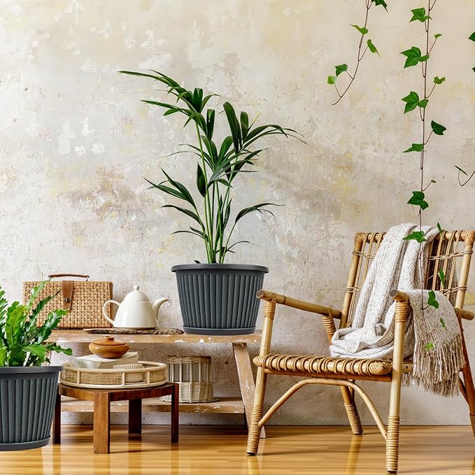 10 Inch Planter-Pots-for-Plants-Indoor-Outdoor, 4 Pack Plastic Flower Pots with Saucer & Drainage Holes, Modern Decorative Resin Garden Pots-CasaMuseHome