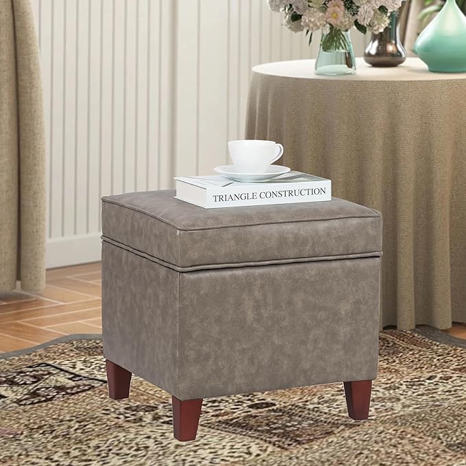 Adeco 17.5" Square Faux Leather Ottoman with Storage - Upholstered PU Foot Rest - Flip Top Footstool with Sturdy Wood Legs, Small Cube Coffee Table Extra Seat for Living Room, Bedroom, Coffee Brown-CasaMuseHome