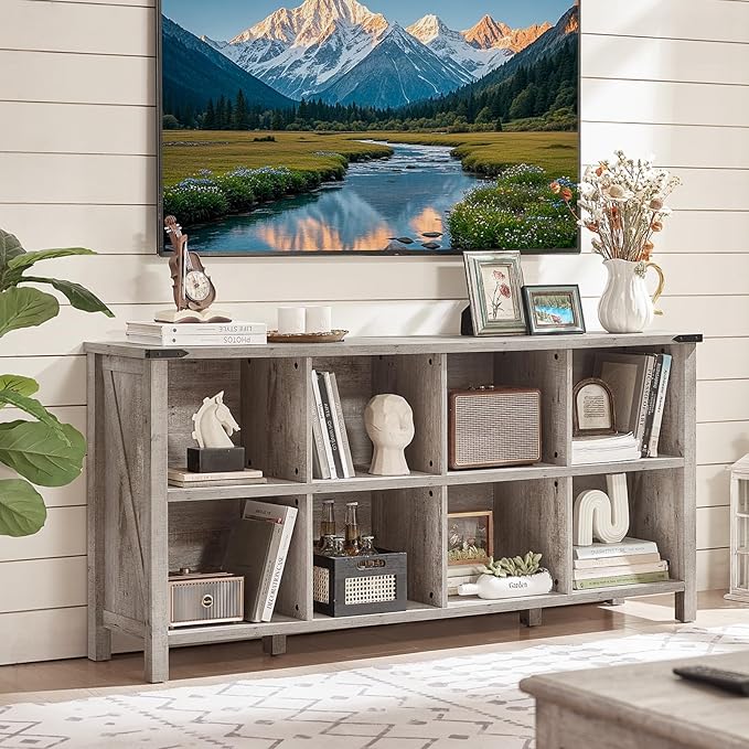 8 Cube Book Shelf, Farmhouse Wood Long Storage Organizer Bookcase, 62" Horizontal Grey Oak Console Closet Bookshelf, Hallway TV Stand for Entryway, Display Cabinet Book Case for Living Room-CasaMuseHome