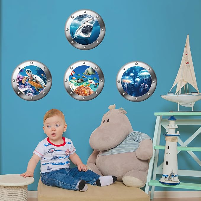 3D Ocean Animals World Wall Stickers Glow in The Dark, 4 Pcs Sharks Turtles Jellyfishs Removable Decals for Kids, Vinyl Stickers for Ceiling (Blue)-CasaMuseHome