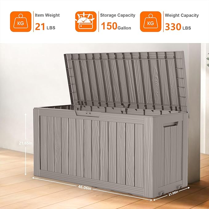 75 Gallon Resin Deck Box, Lockable Patio Outdoor Storage Box for Furniture, Garden Tools and Tools Storage, Waterproof Outside Storage Boxes - Grey-CasaMuseHome