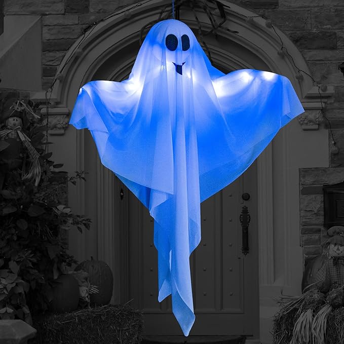 4 Pack Halloween Hanging Ghost Decorations, 27.5" Light Up Spooky Floating Ghosts with LED Glow, Waterproof Outdoor & Indoor Haunted House, Porch, Yard, Garden Party Decor-CasaMuseHome