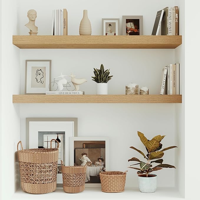 10 inches Deep Floating Shelves 36 inch Long, Large Oak Wall Shelves Heavy Duty 70 lbs for Bedroom, Bathroom, Living Room, Kitchen, Office, Modern Shelf Home Decor with Invisible Bracket-CasaMuseHome