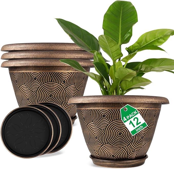 12 Inch Large Planter Pot for Plants Indoor Outdoor, 4 Pack Plastic Flower Pots with Drainage Hole & Tray, Modern Decorative Garden Pot with Saucer, Plant Container for House-CasaMuseHome