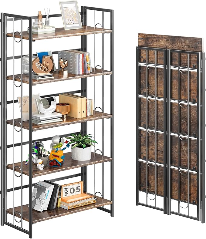 4NM No Assembly 5 Tiers Folding Bookshelf, 59.4" H Foldable Storage Shelves Vintage Bookcase Standing Racks Study Organizer Home Office - Rustic Brown Black-CasaMuseHome