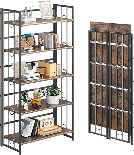 4NM No Assembly 5 Tiers Folding Bookshelf, 59.4" H Foldable Storage Shelves Vintage Bookcase Standing Racks Study Organizer Home Office - Rustic Brown Black-CasaMuseHome