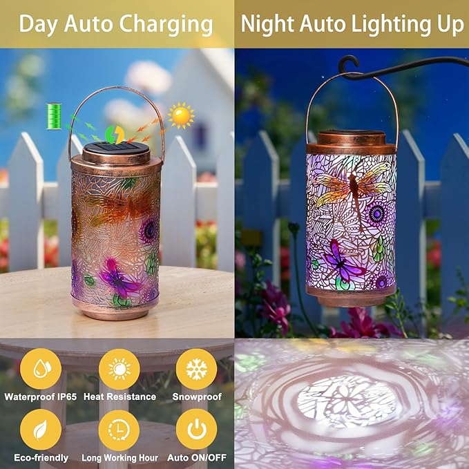 2Pack Solar Outdoor Lanterns Waterproof Multicolor Dragonfly Garden Gifts for Mom Women Backyard Lights Lanterns for Indoor,Outdoor, Porch, Outside,Mothers Day Gifts for Grandma Wife-CasaMuseHome